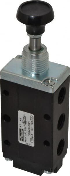 Mechanically Operated Valve: 4-Way & 2-Position, Button-Manual Return Actuator, 1/4" Inlet, 1/4" Outlet, 2 Position