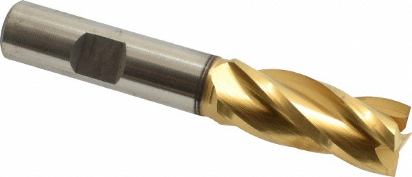 Square End Mill: 19/32" Dia, 1-3/8" LOC, 4 Flute, High Speed Steel - 3-3/8" OAL, 1/2" Shank Dia, 30 deg Helix, TiN Finish, Single End, Series HG-4C-TN