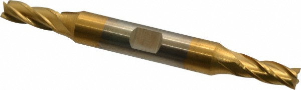 Square End Mill: 1/4" Dia, 5/8" LOC, 4 Flute, Cobalt - 3-3/8" OAL, 3/8" Shank Dia, 30 deg Helix, TiN Finish, Double End, Series HDC-4C-TN