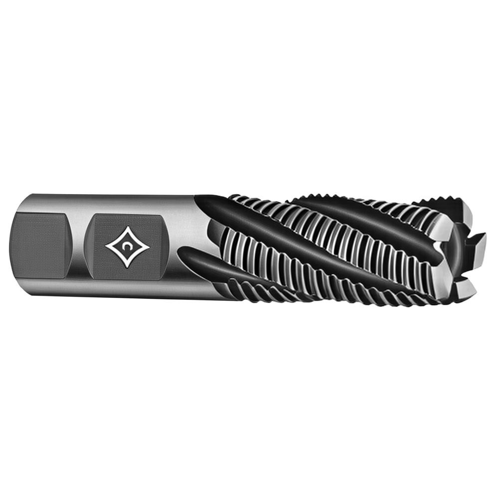 Roughing End Mill: 1/4" Dia, 3 Flute, Coarse Pitch, Single End, Powdered Metal Cobalt (HSS-E-PM) - 5/8" LOC, 2-7/16" OAL, 3/8" Shank Dia, TiCN Finish, Series PMRC, 30 deg Helix