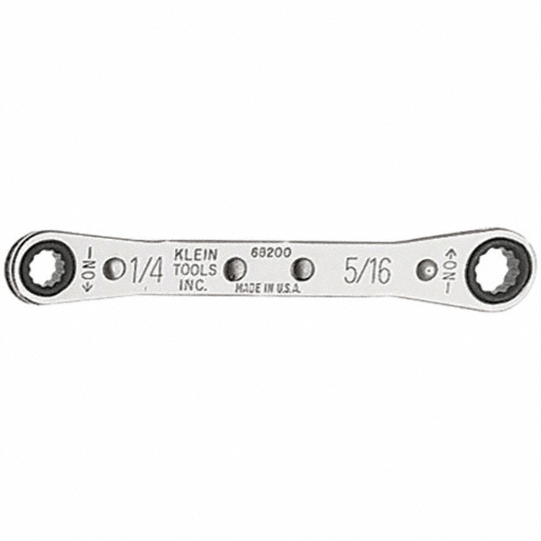 Klein Tools 1/4" x 5/16" 12 Point Spline Reversible Ratcheting Offset Box Wrench - Double End, 4-3/8" OAL, Steel, Chrome Finish, 25° Offset