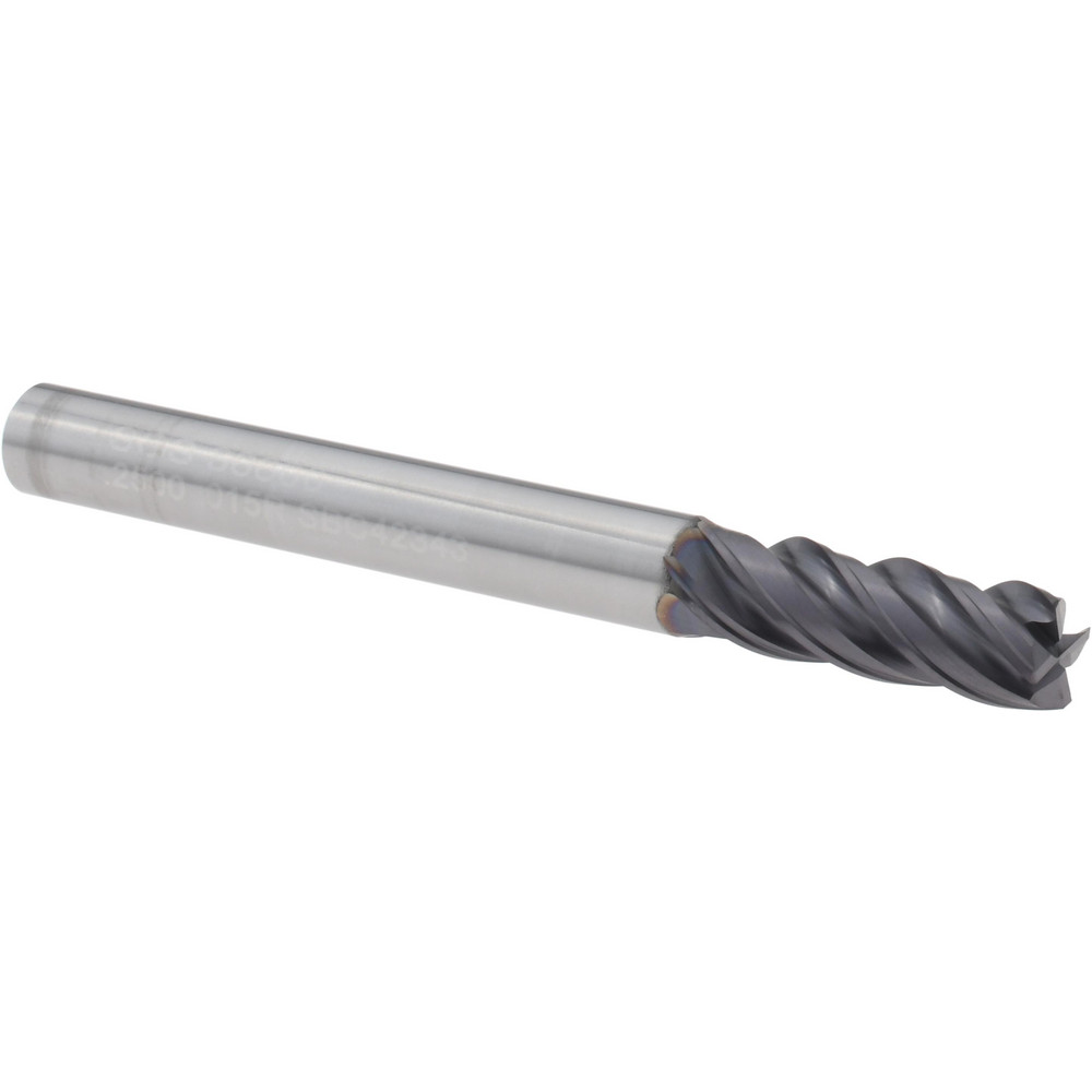 Corner Radius End Mill: 1/4" Dia, 3/4" LOC, 0.0150" Radius, 4 Flute, Solid Carbide - 2-1/2" OAL, 1/4" Shank Dia, 35 & 38 deg Helix, TX Finish, Single End, Series ZPCR