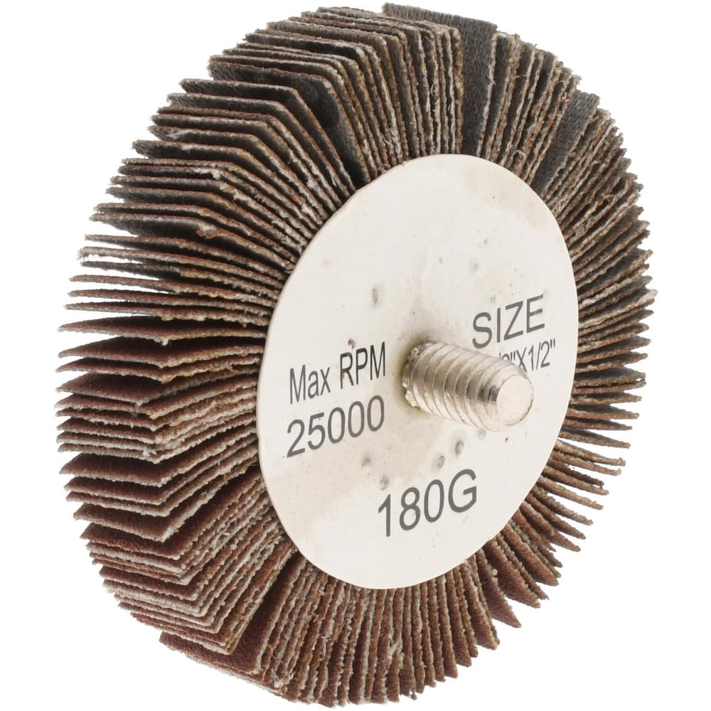 Mounted Flap Wheel: 2-1/2" Dia, 1/2" Face Width, 180 Grit, Aluminum Oxide