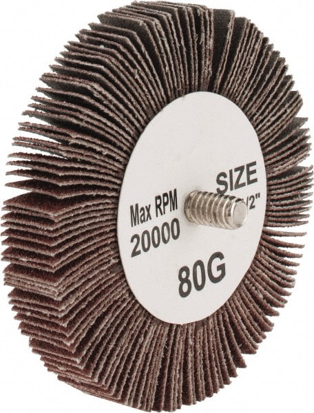 Mounted Flap Wheel: 3" Dia, 1/2" Face Width, 80 Grit, Aluminum Oxide