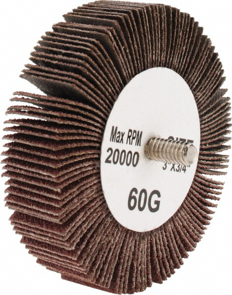 Mounted Flap Wheel: 3" Dia, 3/4" Face Width, 60 Grit, Aluminum Oxide - Coated, Medium Grade, 20000 Max RPM