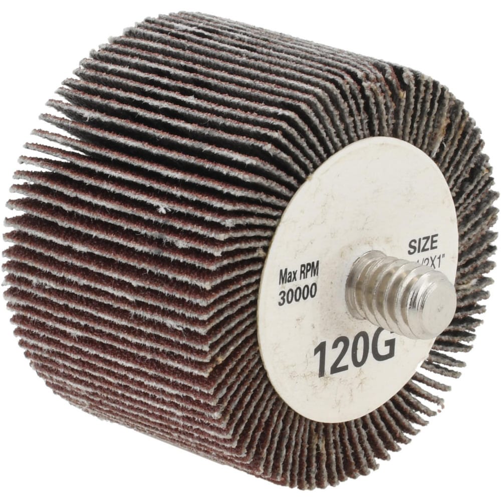 Mounted Flap Wheel: 1-1/2" Dia, 1" Face Width, 120 Grit, Aluminum Oxide