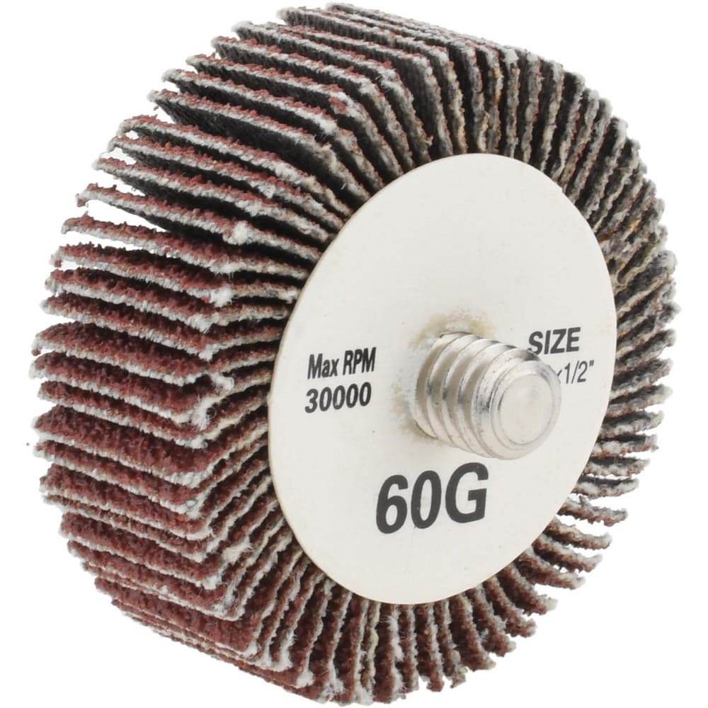 Mounted Flap Wheel: 1-1/2" Dia, 1/2" Face Width, 60 Grit, Aluminum Oxide