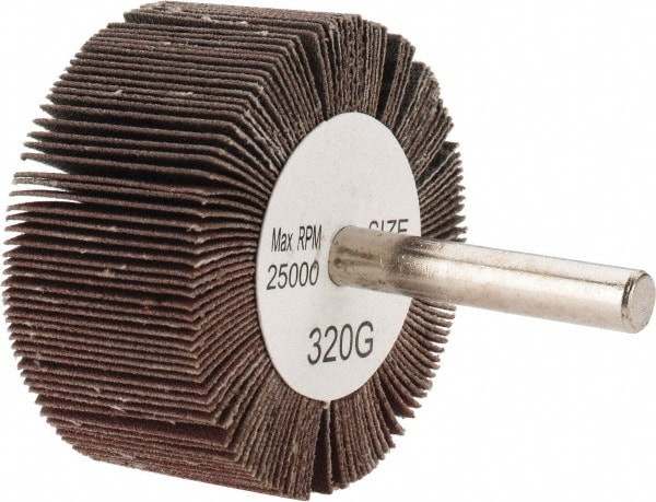 Mounted Flap Wheel: 2" Dia, 1" Face Width, 320 Grit, Aluminum Oxide