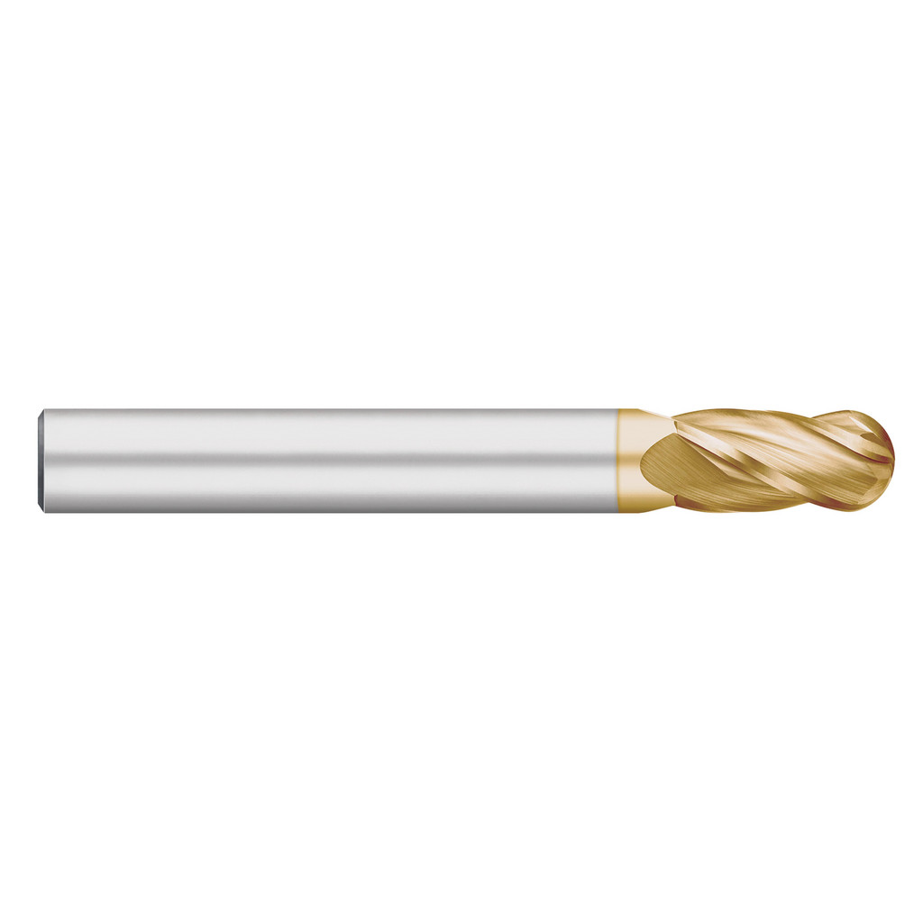 Titan USA Ball End Mill: 1/4" Dia, 1-1/8" LOC, 4 Flute, Solid Carbide - 3" OAL, 1/4" Shank Dia, 30 deg Helix, TiN Finish, Single End, Series Carbide