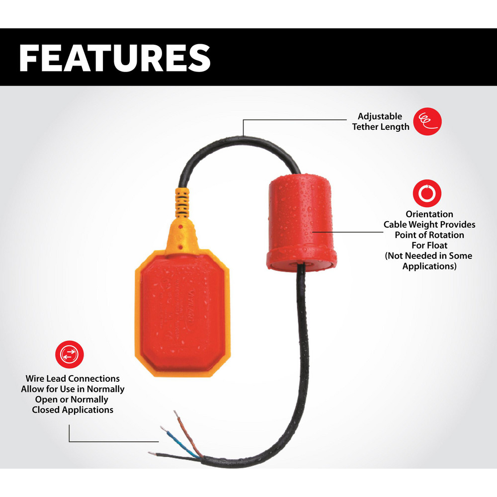 Sump Alarm Float Switches; Pump Type Float Switch; For Use With Sump/Grinder Pumps; Float