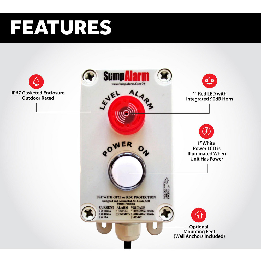 Sump Alarm HighWater Alarms; Voltage 100120 VAC; Maximum Operating