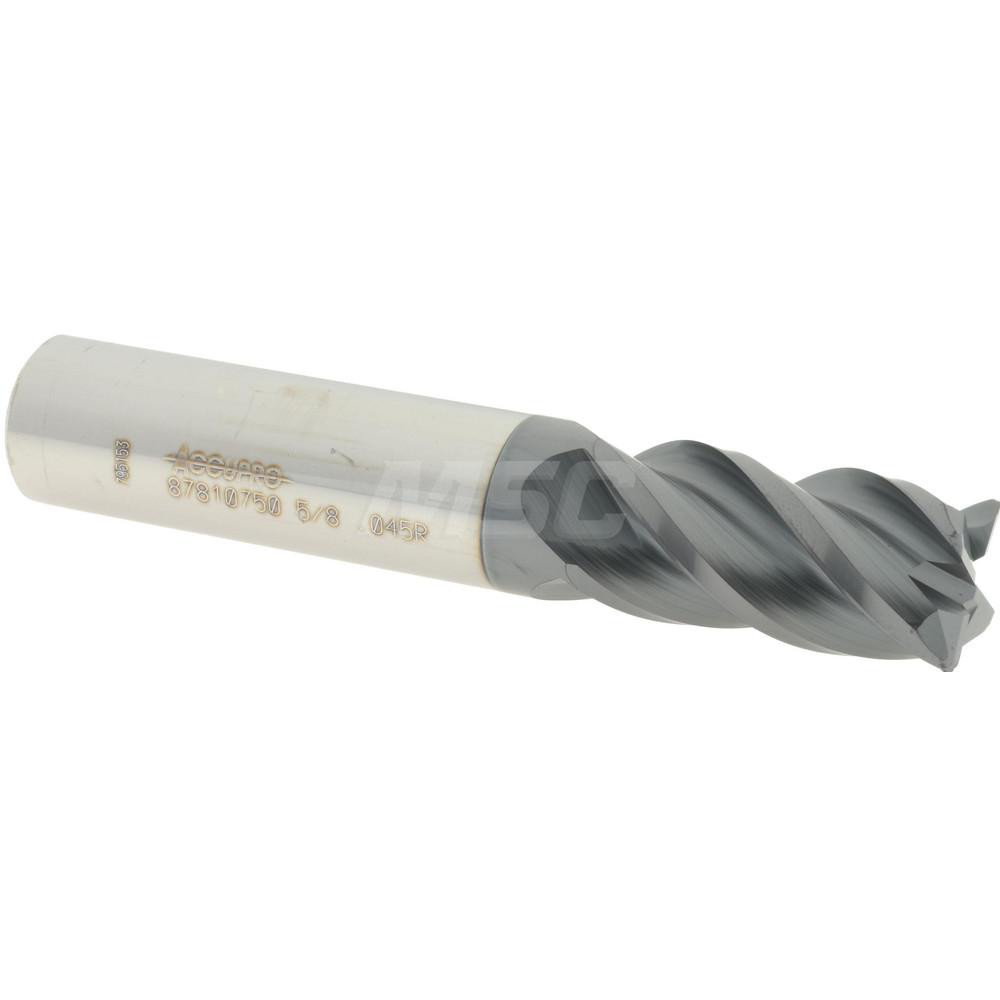 Accupro 12182643 Corner Radius End Mill: 5/8" Dia, 1-1/4" LOC, 0.045" Radius, 4 Flutes, Solid Carbide Image