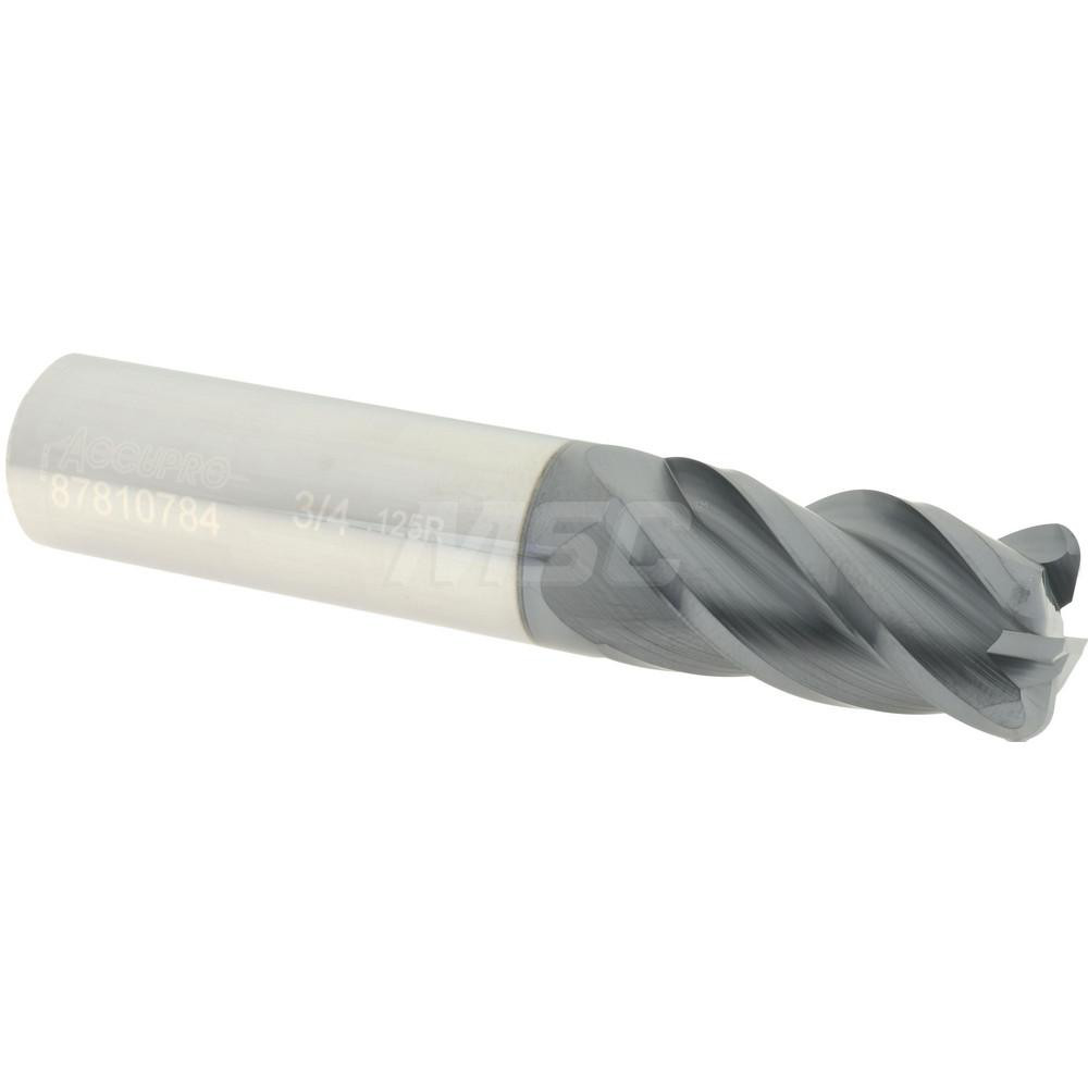 Accupro 12182675 Corner Radius End Mill: 3/4" Dia, 1-1/2" LOC, 1/8" Radius, 4 Flutes, Solid Carbide Image