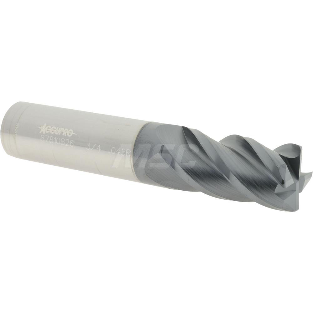 Accupro 12182679 Corner Radius End Mill: 3/4" Dia, 1-1/2" LOC, 0.045" Radius, 4 Flutes, Solid Carbide Image
