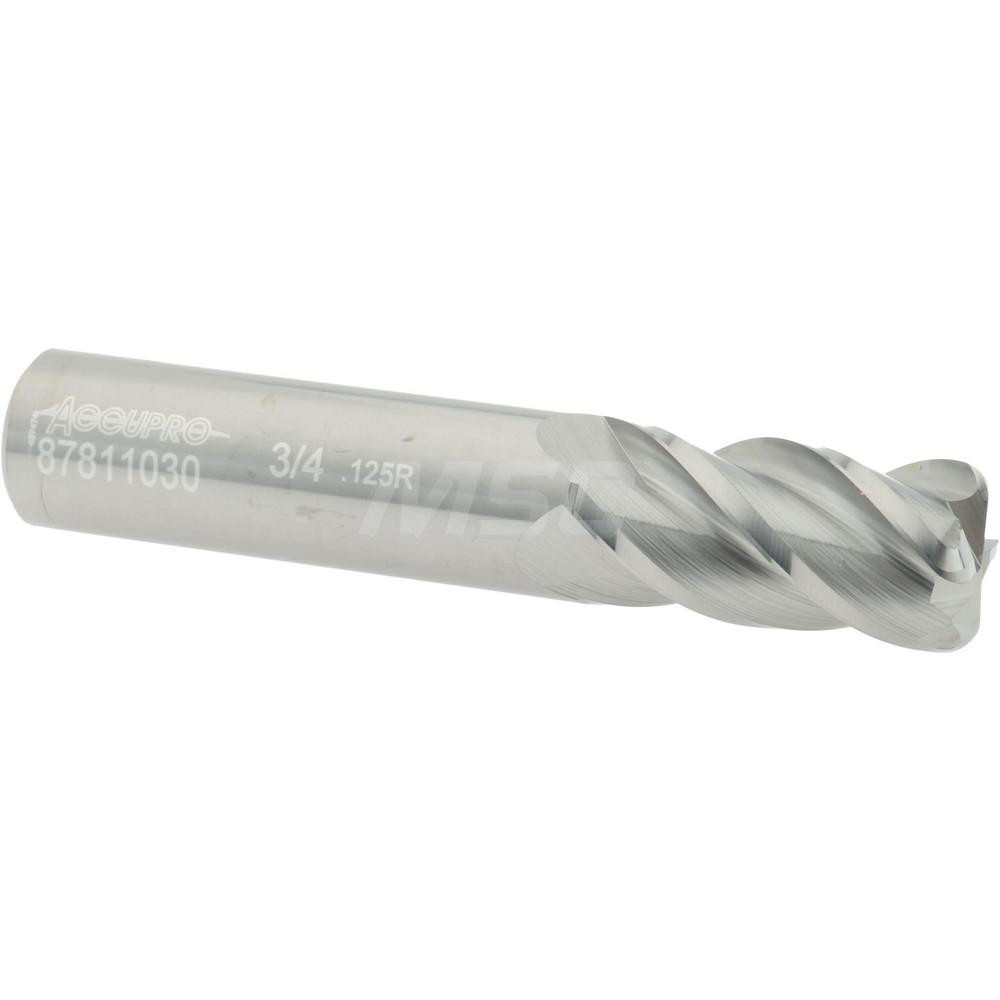 Accupro 12182657 Corner Radius End Mill: 3/4" Dia, 1-1/2" LOC, 1/8" Radius, 4 Flutes, Solid Carbide Image
