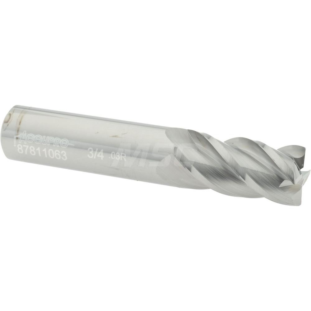 Accupro 12182660 Corner Radius End Mill: 3/4" Dia, 1-1/2" LOC, 0.03" Radius, 4 Flutes, Solid Carbide Image