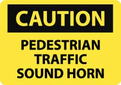 Sign: Rectangle, "Caution - Pedestrian Traffic - Sound Horn"