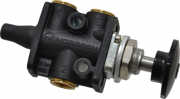 Norgren 3040422 Manually Operated Valve: 0.25" NPT Outlet, Packed Spool, Button Palm Blk Actuated Image