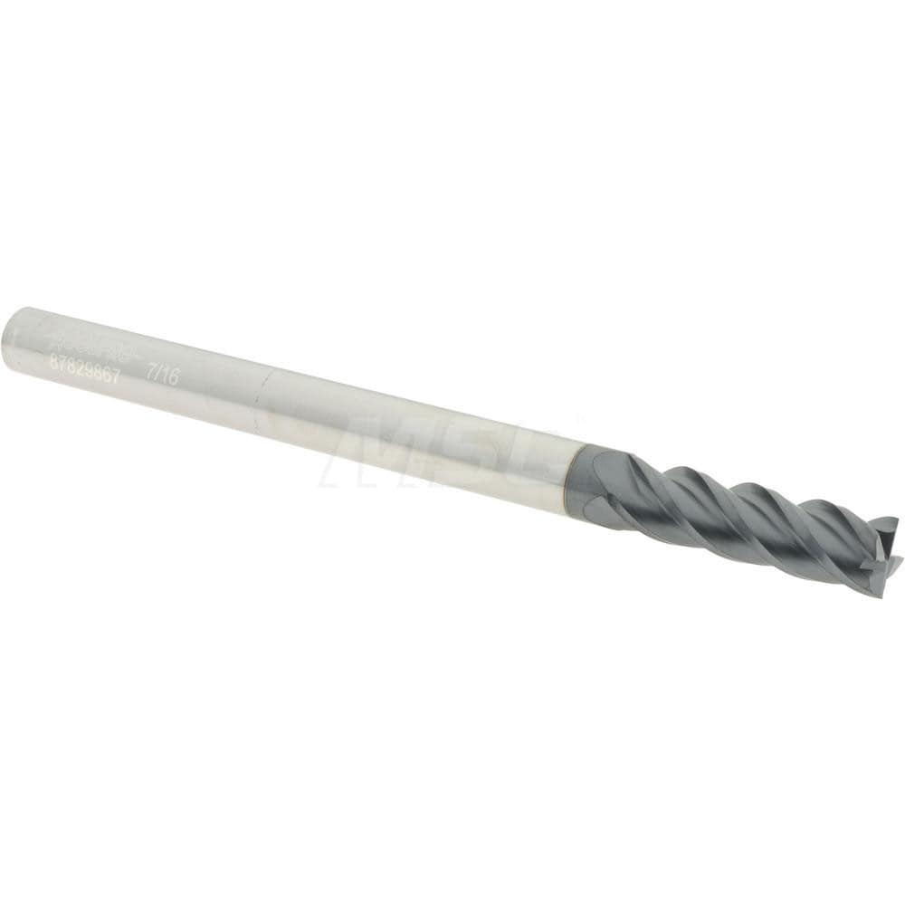 Accupro 12183716 Square End Mill: 7/16 Dia, 1-1/2 LOC, 7/16 Shank Dia, 6 OAL, 4 Flutes, Solid Carbide 