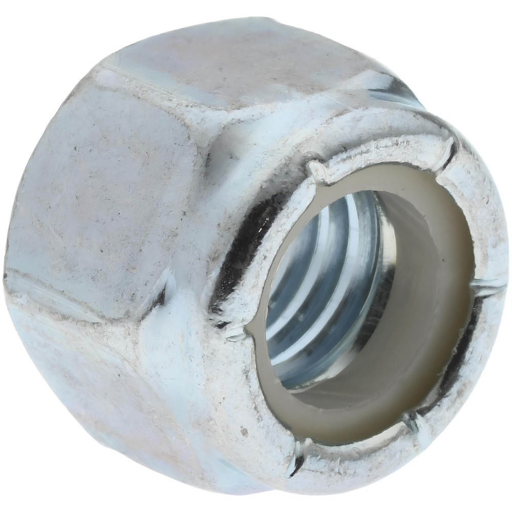 Hex Lock Nut: Insert Lock, Nylon Insert, 3/8-16, Grade 2 Steel, Zinc Finish - 15/32" High, 9/16" Width Across Flats, Right Hand Thread