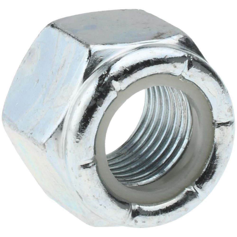 Hex Lock Nut: Insert Lock, Nylon Insert, 1/2-20, Grade 2 Steel, Zinc Finish - 39/64" High, 3/4" Width Across Flats, Right Hand Thread