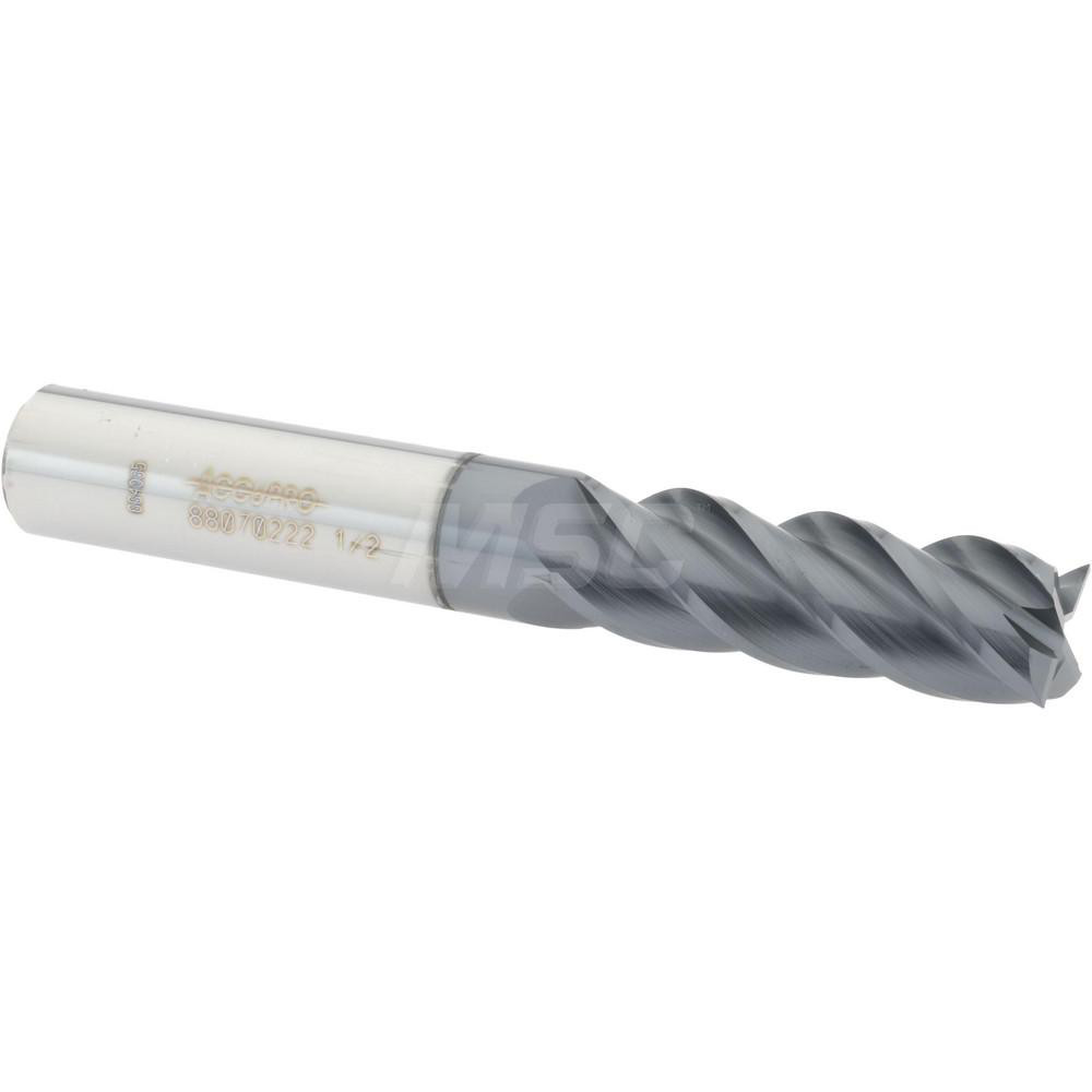 Square End Mill: 1/2" Dia, 1-1/2" LOC, 4 Flute, Solid Carbide - 3-1/2" OAL, 1/2" Shank Dia, 40 deg Helix, AlTiN Finish, Single End, Series ASQSC4-AT-CC-40H