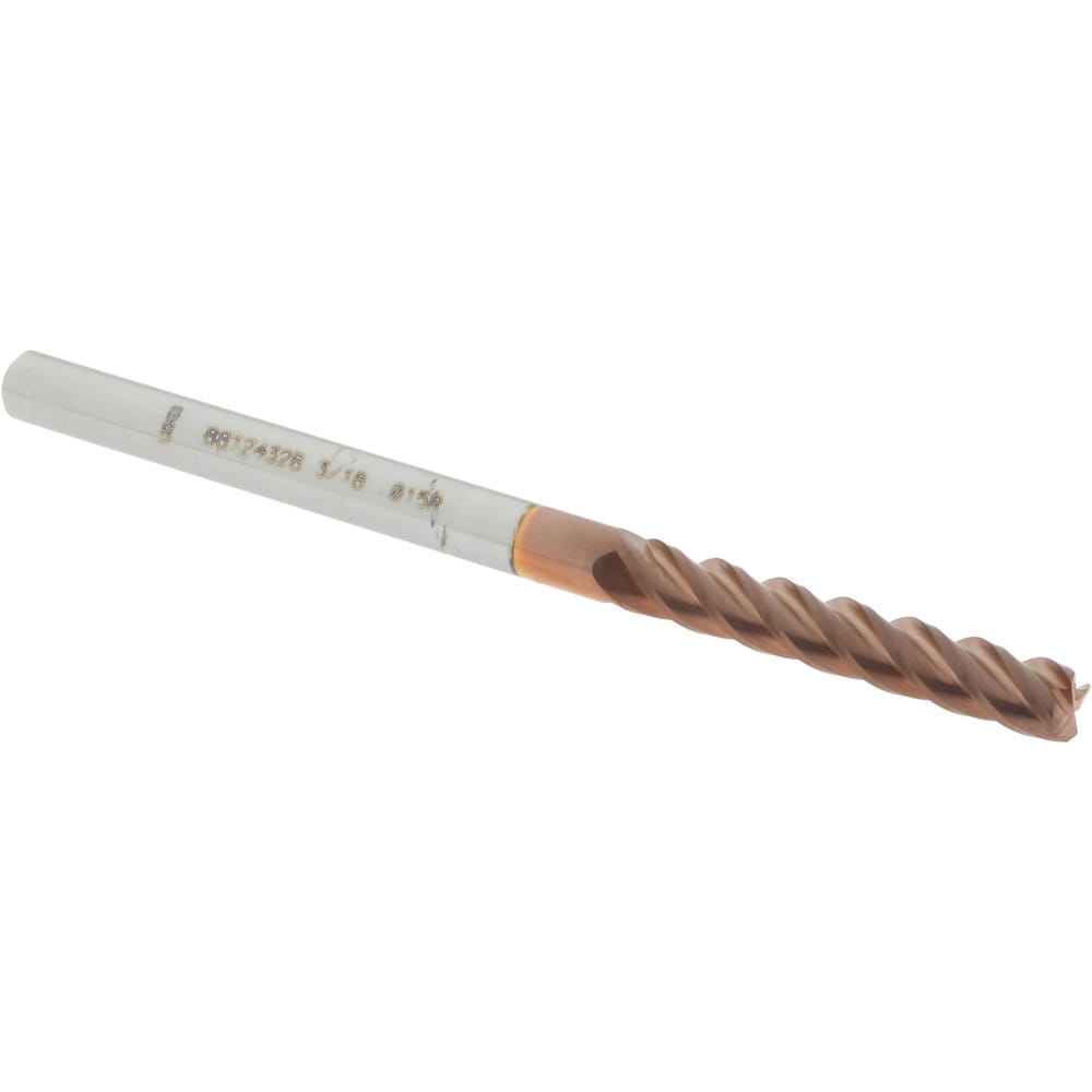 Accupro 12183213 Corner Radius End Mill: 3/16" Dia, 1-1/8" LOC, 0.015" Radius, 4 Flutes, Solid Carbide 