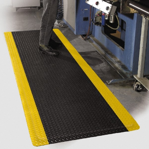 PRO-SAFE Anti-Fatigue Mat: 12' Long, 3' Wide, 11/16 Thick, Vinyl, Beveled Edges, Heavy-Duty - Diamond Plate Surface, Black & Yellow, for Dry Areas