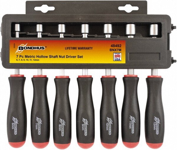 Nut Driver Set: 7 Pc, 6 to 12 mm, Hollow Shaft, Ergonomic Handle