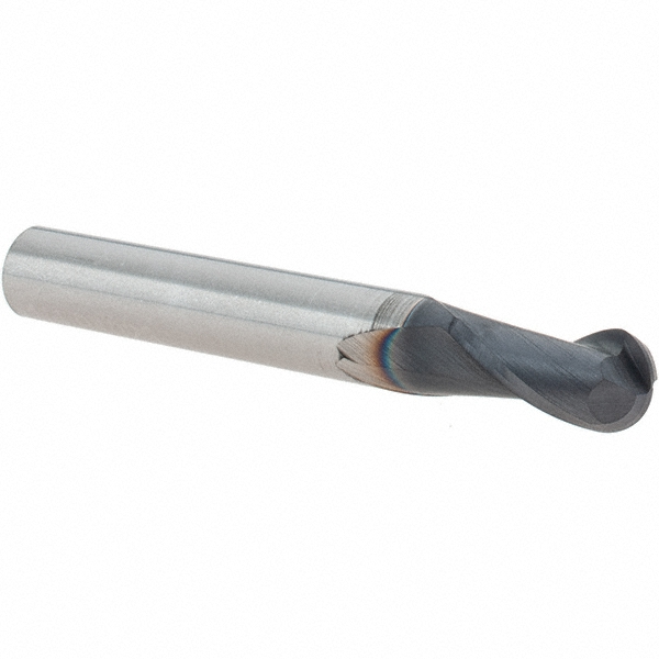 OSG Ball End Mill: 1/4" Dia, 1/2" LOC, 2 Flute, Solid Carbide - 2" OAL, 1/4" Shank Dia, 30 deg Helix, TiAlN Finish, Single End, 412BN