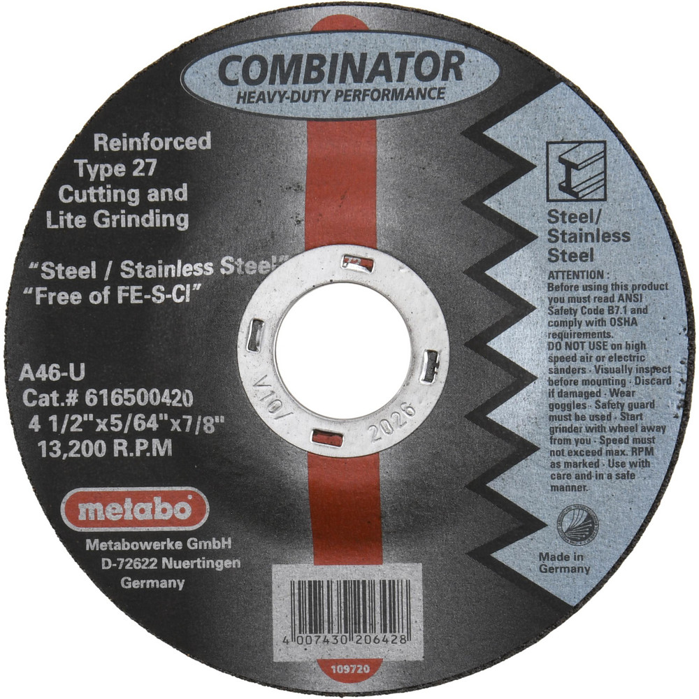 Cut-Off Wheel: Type 27, 4-1/2" Dia, 5/64" Thick, 7/8" Hole, Zirconia Alumina