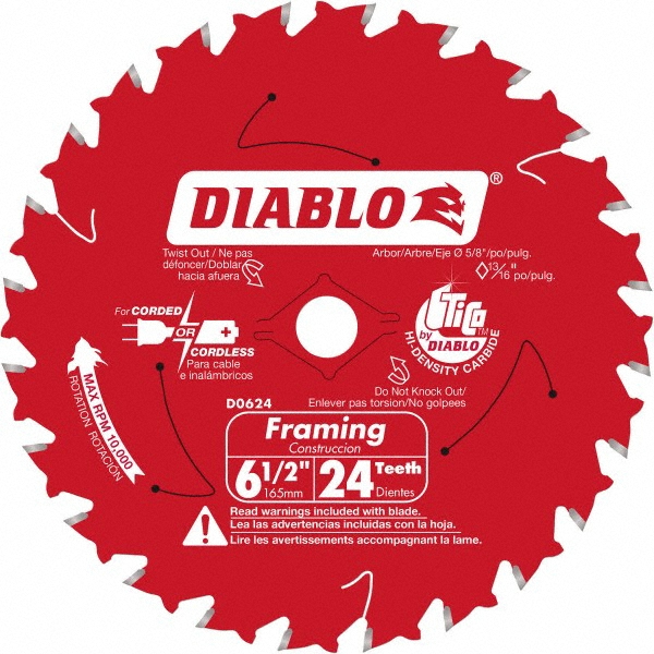 Wet & Dry Cut Saw Blade: 6-1/2" Dia, 5/8" Arbor Hole, 0.059" Kerf Width, 24 Teeth - Round Arbor