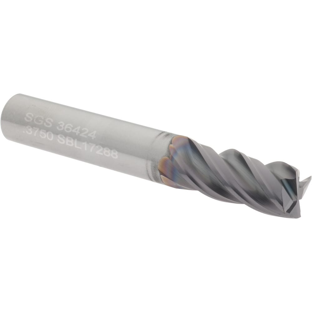 SGS 36424 Square End Mill: 3/8 Dia, 7/8 LOC, 3/8 Shank Dia, 2-1/2 OAL, 4 Flutes, Solid Carbide Image