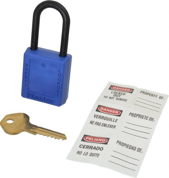 Master Lock 406BLU Lockout Padlock: Keyed Different, Key Retaining, Thermoplastic, Plastic Shackle, Blue 