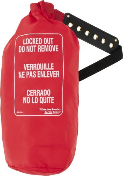 Master Lock 453L Lockout Cinch Bags, Wheel Locks & Lockable Covers; Device Type: Lockout Cinch Bag ; Language: English; Spanish ; Overall Length: 17in ; Material: Nylon ; Message: Locked out do not remove ; Cover/Bag Color: Red 