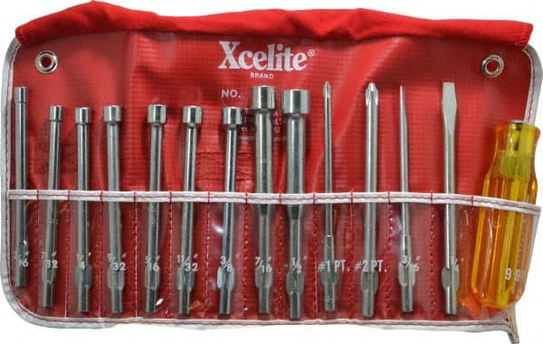 Nut Driver Set: 14 Pc, 3/16 to 1/2", Hollow Shaft, Plastic Handle