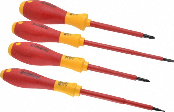 Wiha 4 Piece Phillips & Slotted Screwdriver Set - Round Shank, Insulated Handle, Bit Sizes: Philips #1 & #2, Tip Thickness: 3/16 & 9/16 | Part #32090