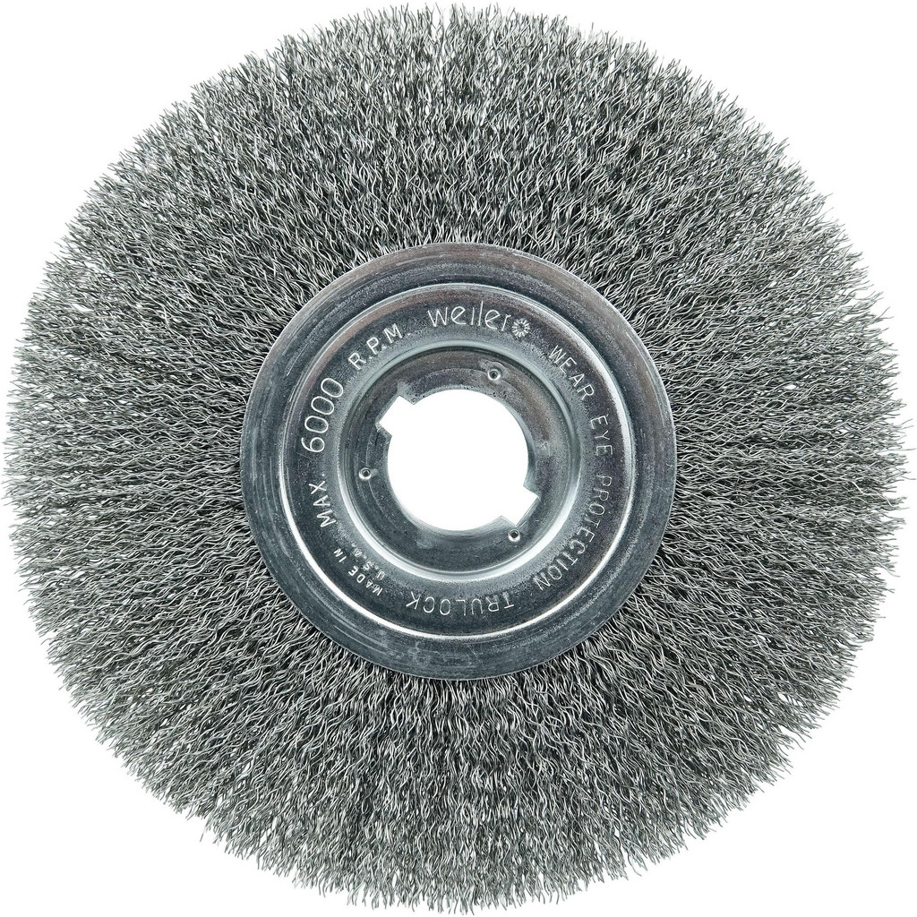 Weiler Wheel Brush: 8" Wheel Dia, 3/4" Face Width, 0.0140" Wire Dia, Crimped - 1-1/4" Hole, Steel | 2-Pack | Part #01179