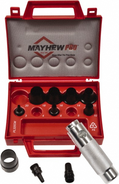 Mayhew 11 Piece, 3 to 20mm, Hollow Punch Set - Round Shank, Alloy Steel, Comes in Plastic Case | Part #66010