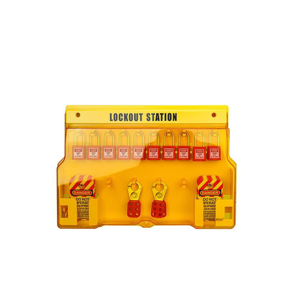 Lockout Centers & Stations; Product Type: Padlock Lockout Station ; Equipped or Empty: Equipped ; Maximum Number of Locks: 10 ; Station Material: Polycarbonate ; Board Coating: None ; Key Type: Keyed Different