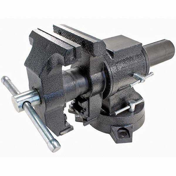 Bench & Pipe Combination Vise: 5" Jaw Width, 5 in Jaw Opening, 2-1/2 in Throat Depth - 1/4" Min Pipe, 2" Max Pipe, Double Lockdown, Swivel Base, Ductile Iron, Serrated Jaws
