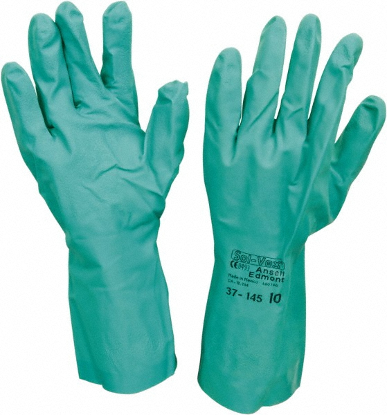 Chemical Resistant Gloves: AlphaTEC&trade; 37-145, Size X-Large, 11.0000 mil, Nitrile-Coated, Nitrile, Unsupported - Green, 13" OAL, Sandpatch Grip, Pair, ANSI Abrasion 4, ANSI Cut 0, FDA Approved