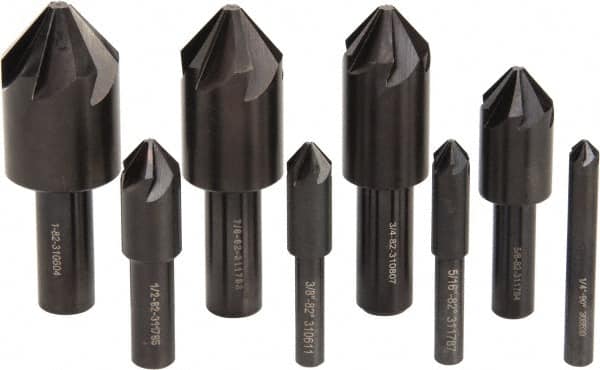 Hertel 90023 Countersink Set: 8 Pc, 1/4 to 1" Head Dia, 6 Flute, 82 ° Included Angle 