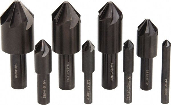 Countersink Set: 8 Pc, 1/4 to 1" Head Dia, 6 Flute, 82 ° Included Angle
