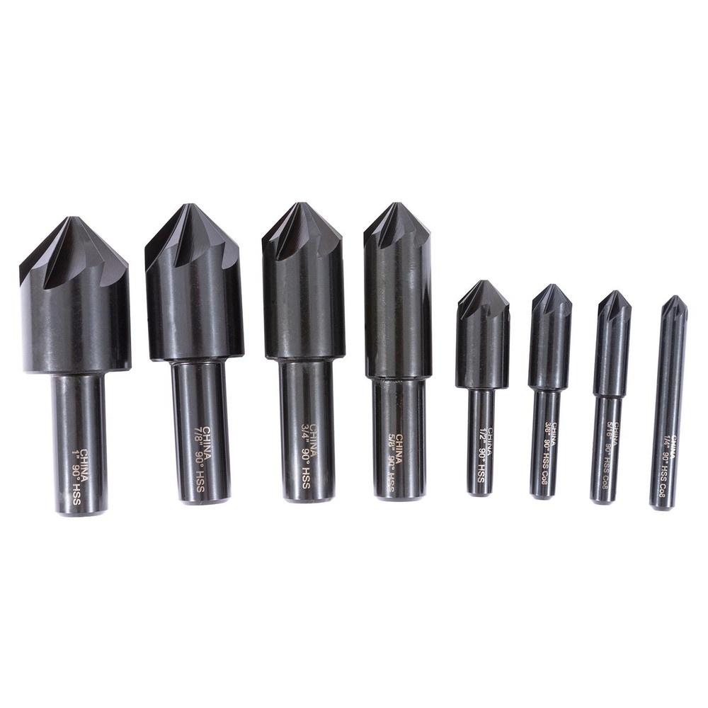 Countersink Set: 8 Pc, 1/4 to 1" Head Dia, 6 Flute, 90 deg Included Angle