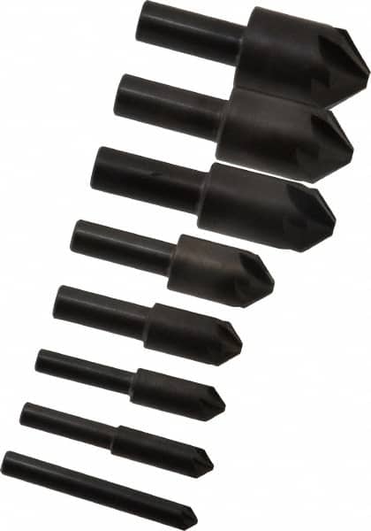 Hertel 90021 Countersink Set: 8 Pc, 1/4 to 1" Head Dia, 6 Flute, 90 ° Included Angle 