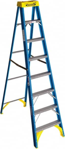 Werner 6008 7-Step Ladder: Fiberglass, Type I, 250 lb Capacity, 8 OAH 