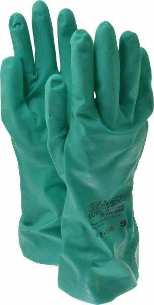 Chemical Resistant Gloves: AlphaTEC&trade; 37-145, Size Large, 11.0000 mil, Nitrile-Coated, Nitrile, Unsupported - Green, 13" OAL, Sandpatch Grip, Pair, ANSI Abrasion 4, ANSI Cut 0, FDA Approved