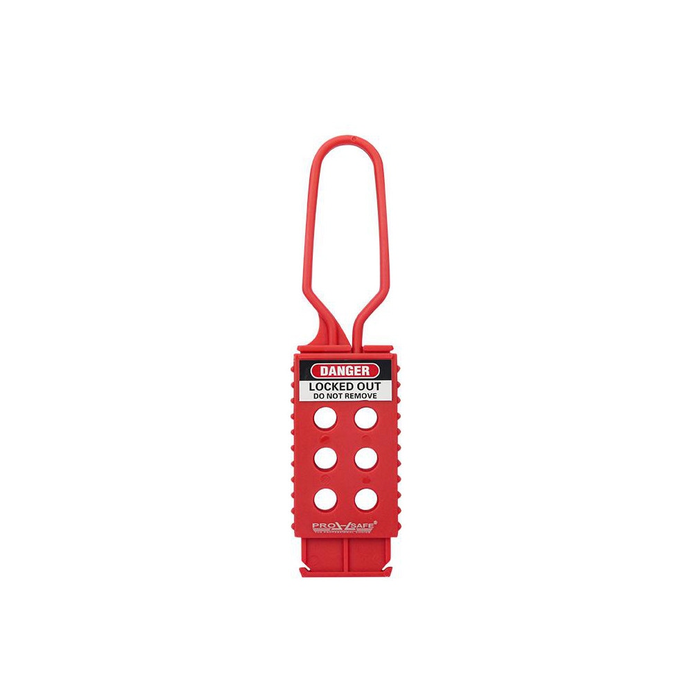 Lockout Hasps; Hasp Type: Scissor-Action ; Jaw Type: Single ; Maximum Number of Padlocks: 6 ; Material: Nylon ; Color: Red ; Inside Jaw Diameter: 2.5in