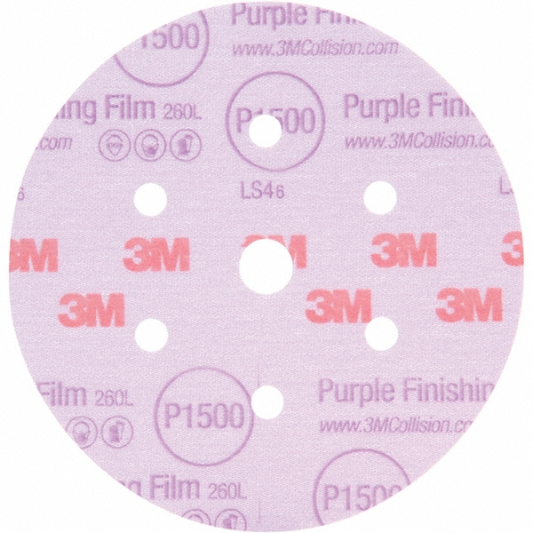 Hook & Loop Disc: 6" Dia, 1500 Grit, Coated, Aluminum Oxide - Ultra Fine Grade, Polyester (Film) Backing, Series 260L